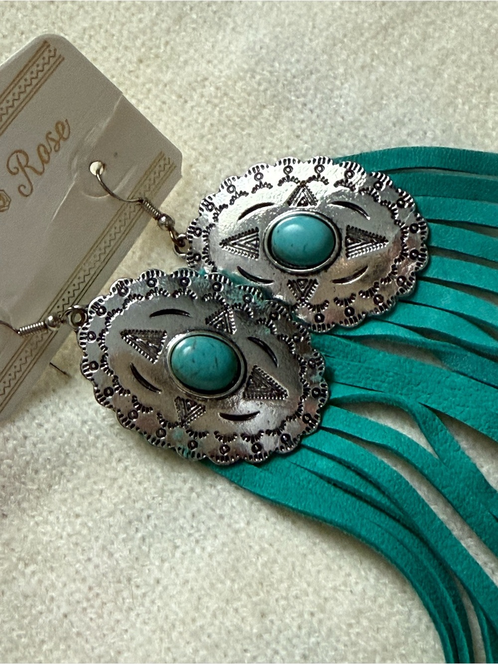 New Turquoise Stone & Silver Concho Earrings with Turquoise Leather Lace Tassels - Picture 3 of 3